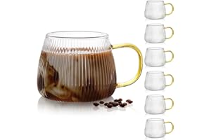 AVLA 6 Pack Glass Coffee Mugs, 16 OZ Unique Vertical Stripes Coffee Cup, Clear Large Tea Glasses with Handles, Vintage Transp