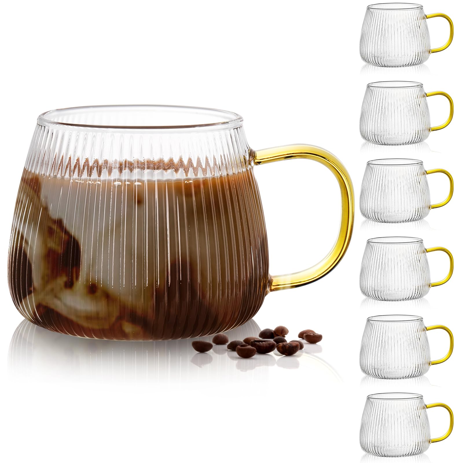 Photo 1 of AVLA 6 Pack Glass Coffee Mugs, 16 OZ Unique Vertical Stripes Coffee Cup, Clear Large Tea Glasses with Handle, Vintage Transparent Glassware for Hot/Cold Beverages, Cappuccino, Latte, Espresso, Juice