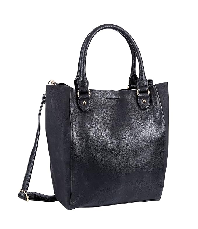 SIX Große Schultertasche: Schwarzer Beutel-Shopper im Materialmix, weiches Kunstleder, Reißverschluss, goldene Details und Ab