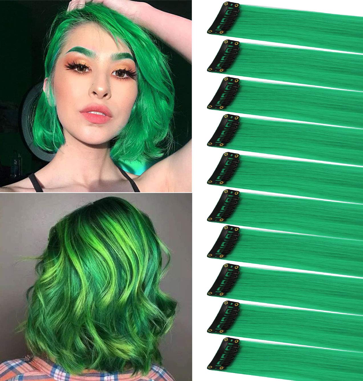 MOSCSMDY 10PCS Green Hair Extensions Wig Pieces Clip in Coloured Hair Extensions Colorful Hairpieces Party Highlights Synthetic Multiple Colors