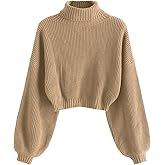 ZAFUL Women's Crew Neck Long Sleeve Pullover Crop Sweater Mock Neck Lantern Sleeve Ribbed Knit Cropped Sweater