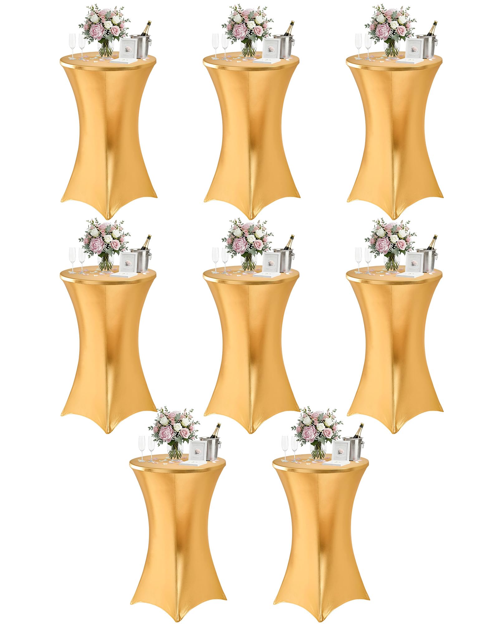 Photo 1 of Cocktail High Top Table Covers - 32x43 Inch Fitted Spandex Round Cocktail Tablecloth for Bar Height Standing Table Cloths Reusable, for Party Wedding Banquet Event Decorations, Shiny Gold, 8 Pack