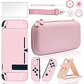 BRHE Cute Travel Carrying Case for Nintendo Switch Accessories Kit with Hard Protective Cover, Glass Screen Protector, Adjustable Stand and Thumb Grip Caps 10 in 1(Switch Pink)