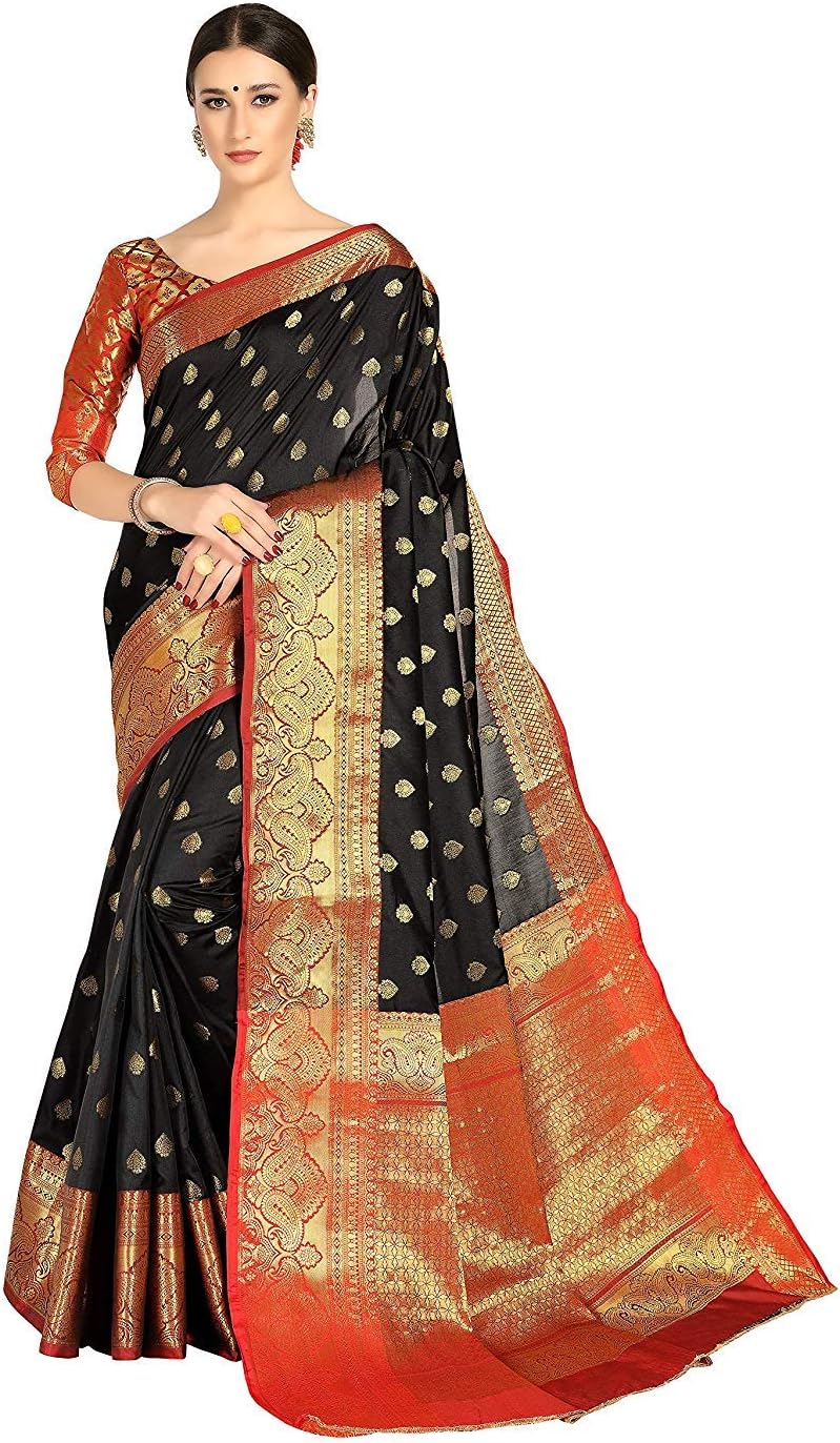 Cotton Shopy Woven Design Kanjivaram Silk Blend Banarasi Sarees with Blouse Piece Black