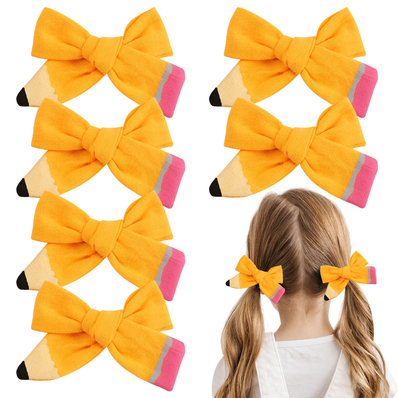 Photo 1 of Back to School Pencil Hair Bows and Clips: Hand-Painted Yellow Schoolgirl Pigtail Accessories, Perfect Gifts for Toddlers and Kids in Kindergarten to 5th Grade