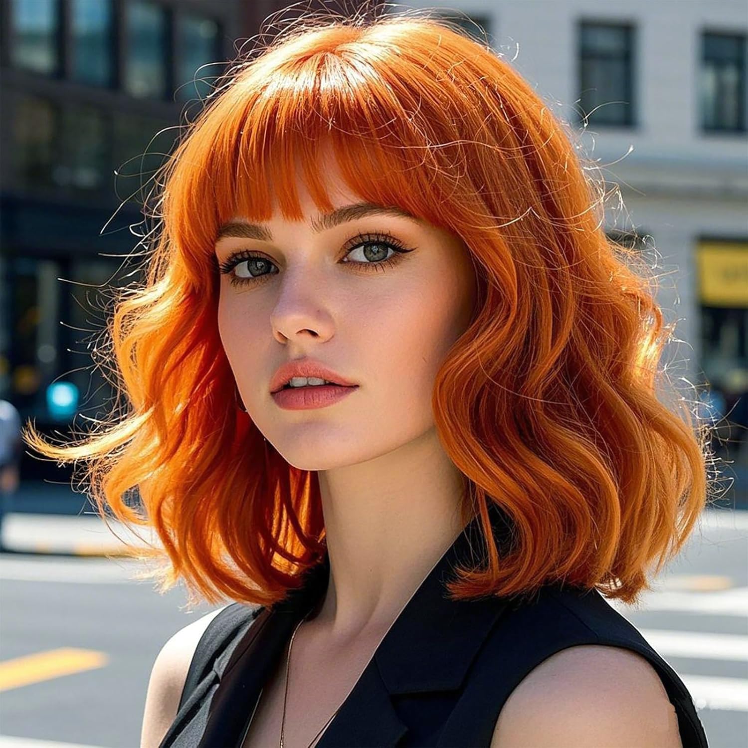 PORSMEER Short Pastel Dark Orange Wavy Bob Wig with Fringe Natural Looking Synthetic Hair Wigs for Women Girls Halloween Costume Party Or Daily Wear — image 1