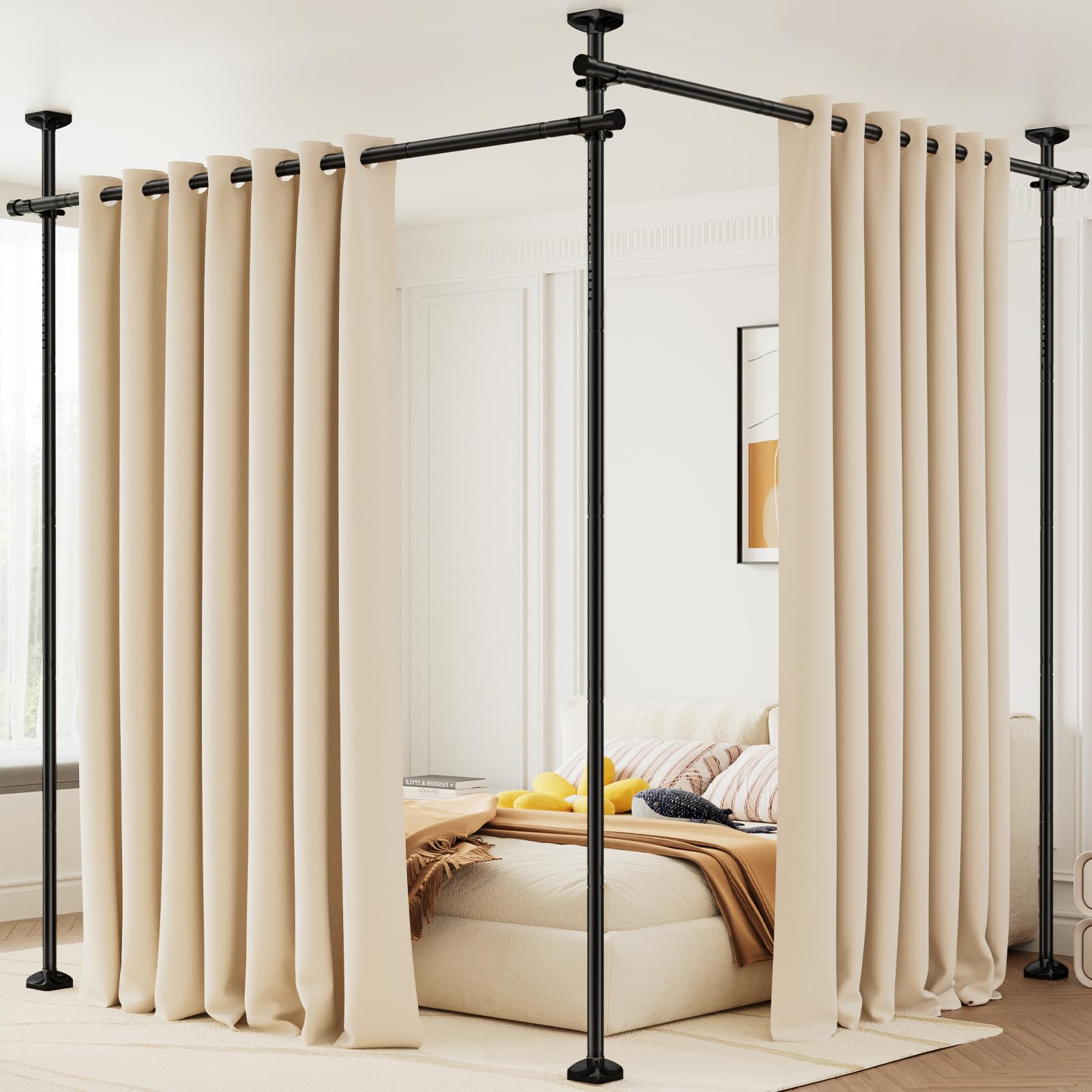 Photo 1 of Bonpally Room Divider Curtain Rod, No Drilling Tension Rod for Room Separation, 4-10ft(H)28-114inch(W) Adjustable Heavy Duty Floor to Ceiling Wall Divider Room Partition Privacy Separator, Black