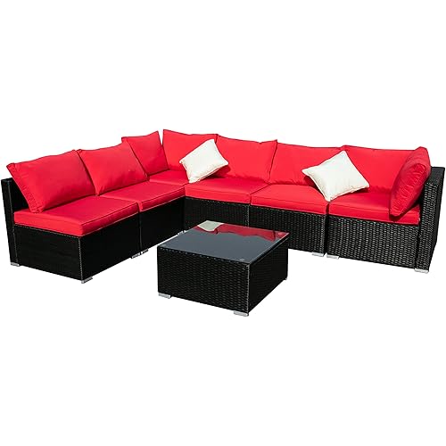 Diophros 7 Pieces Patio Furniture Sets, Outdoor All-Weather Sectional Sofa, Weaving Wicker Rattan Patio Conversation Set with Cushions & Glass Coffee Table (Red)