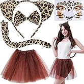 Rotamora 5pcs Leopard Costume Women Adult, Halloween Cheetah Costume Set Animal Headband Face Stickers Cheetah Cat Ears and Tail Tutu Fancy Dress Up Kit for Halloween Cosplay Party