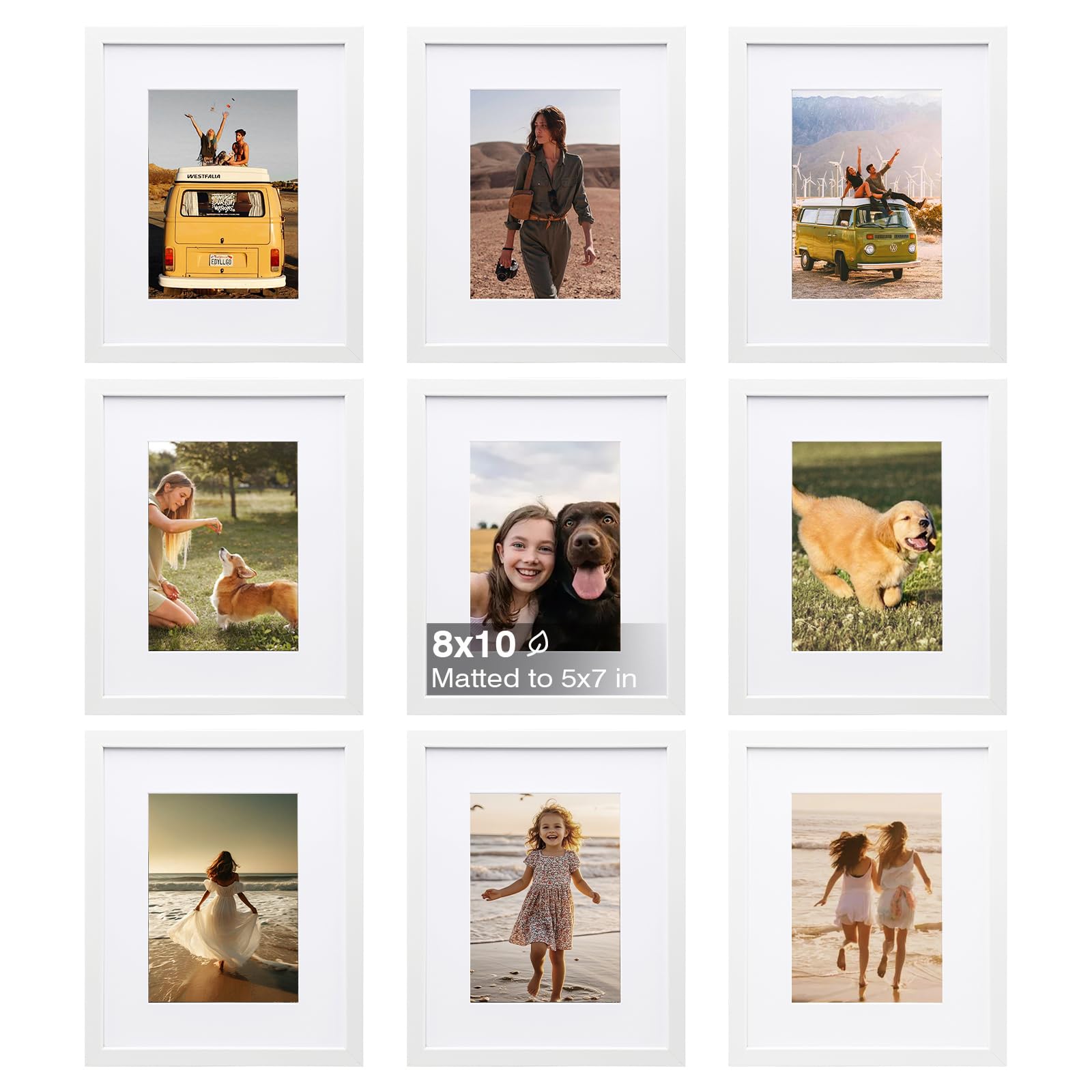 Photo 1 of KINLINK 8x10 Picture Frame Set of 9, Wooden 10x8 Photo Frames with Plexiglass for 5x7 Pictures with Mat or 8x10 Without Mat, Art Collage for Wall Gallery and Tabletop Display, 8 x 10 Frame White