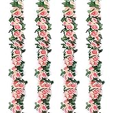 Musdoney 4Pcs 32.2 FT Fake Rose Vine Flowers Plants Artificial Flower Garland Hanging Rose Ivy Home Hotel Office Wedding Party Garden Craft Art Decor (Pink)