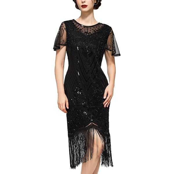 Vestido Flapper De Los Años 20 Con Flecos De Lentejuelas Rugientes Vestido De Gatsby De Los Años 20 Para Mujer, Negro Y Dorado