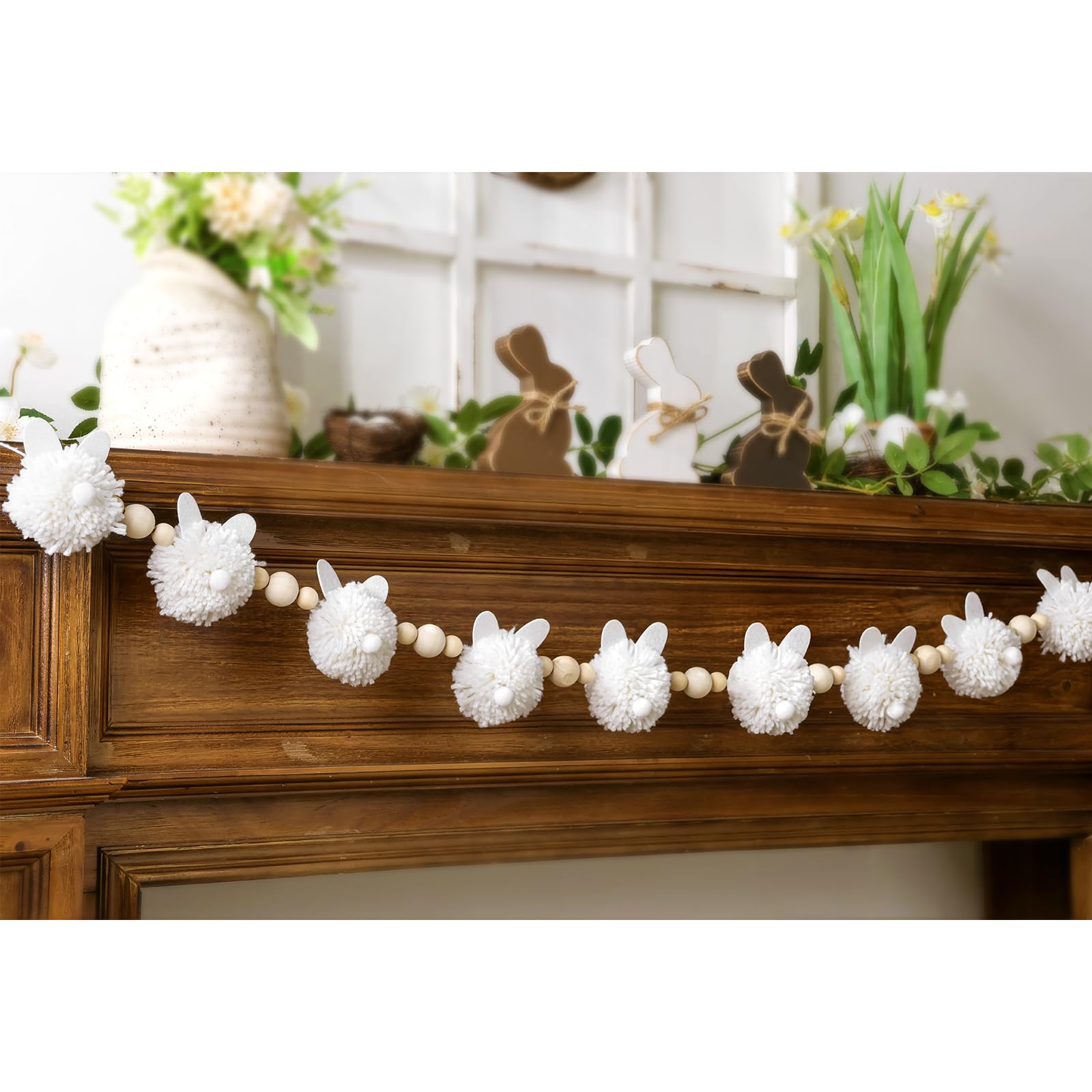 Easter Garland Decorations: Cute White Bunny Easter Garland with Wooden Beads, Rustic Rabbit Banner Decor for Mantel Fireplace Farmhouse Home Office Wall Indoor Outdoor Spring