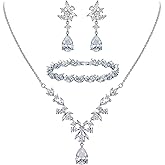 EleQueen Women's Wedding Bridal Jewelry Set for Brides Bridesmaids, Silver/14K Gold/Rose Gold Plated Cubic Zirconia Teardrop Necklace Dangle Earrings Bracelet Sets for Party Prom