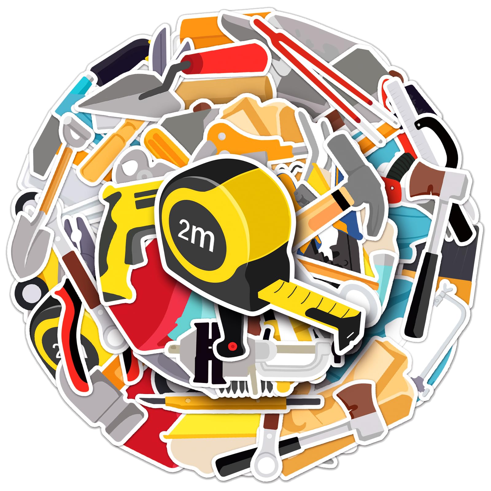 Tool Stickers Pack, 50pcs Cartoon Tool Vinyl Stickers for Laptops, Water Bottles and Luggage, DIY Toolbox Decals with Hammer Drill Saw Designs for Smooth Surface Decoration