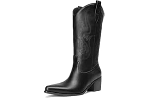 Pasuot Cowboy Boots for Women - Cowgirl Western Mid Calf Boots with Embroidery, Pointed Toe Retro Chunky Heel Slip On Fashion Classic Short Boots Pull On for Ladies Summer Fall