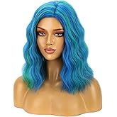 BERON Green and Blue Wigs for Women Girls Short Curly Wavy Hair Wig Colored 14" Body Wave Halloween Cosplay Daily Party Wigs