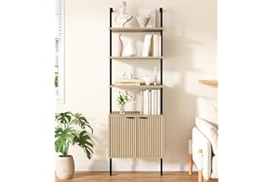Yusong 73" Tall Bookshelf with Cabinet, Industrial Ladder Wall Mount Shelf Fluted Bookcase with Wood and Metal Frame, Plant S