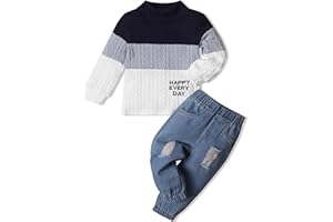 mksodopy Toddler Boy Clothes Color Block Sweater Jeans Toddler Boy Fall Winter Outifts Toddler Boy Clothing Set