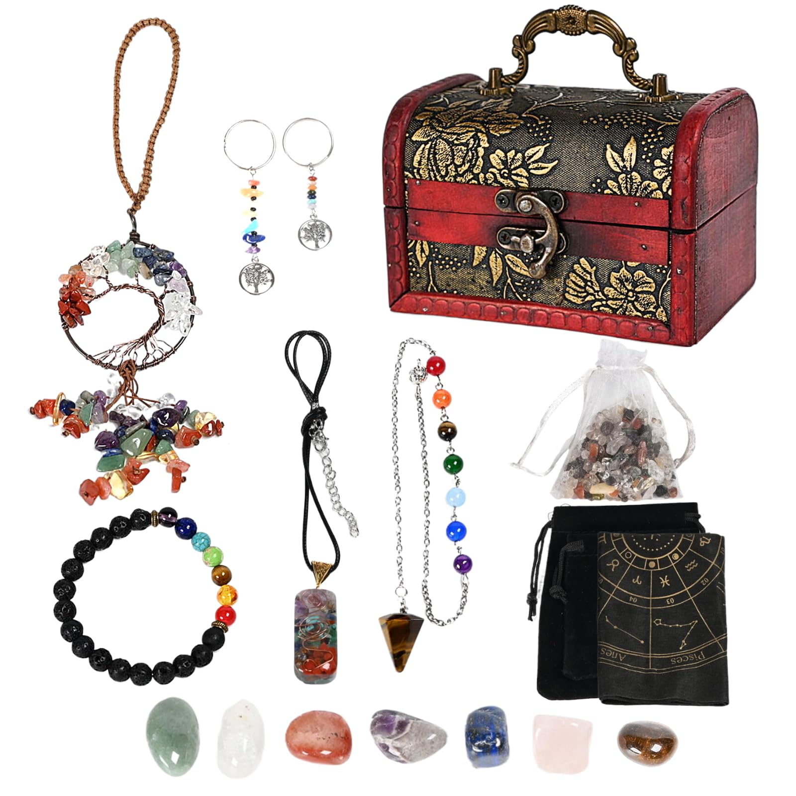 ycyingcheng 7 Chakra Crystal Gift Box, Crystal Necklaces Bracelet Car Pendant Keychain Origins Medication Stone Yoga Amulet Meditation Set