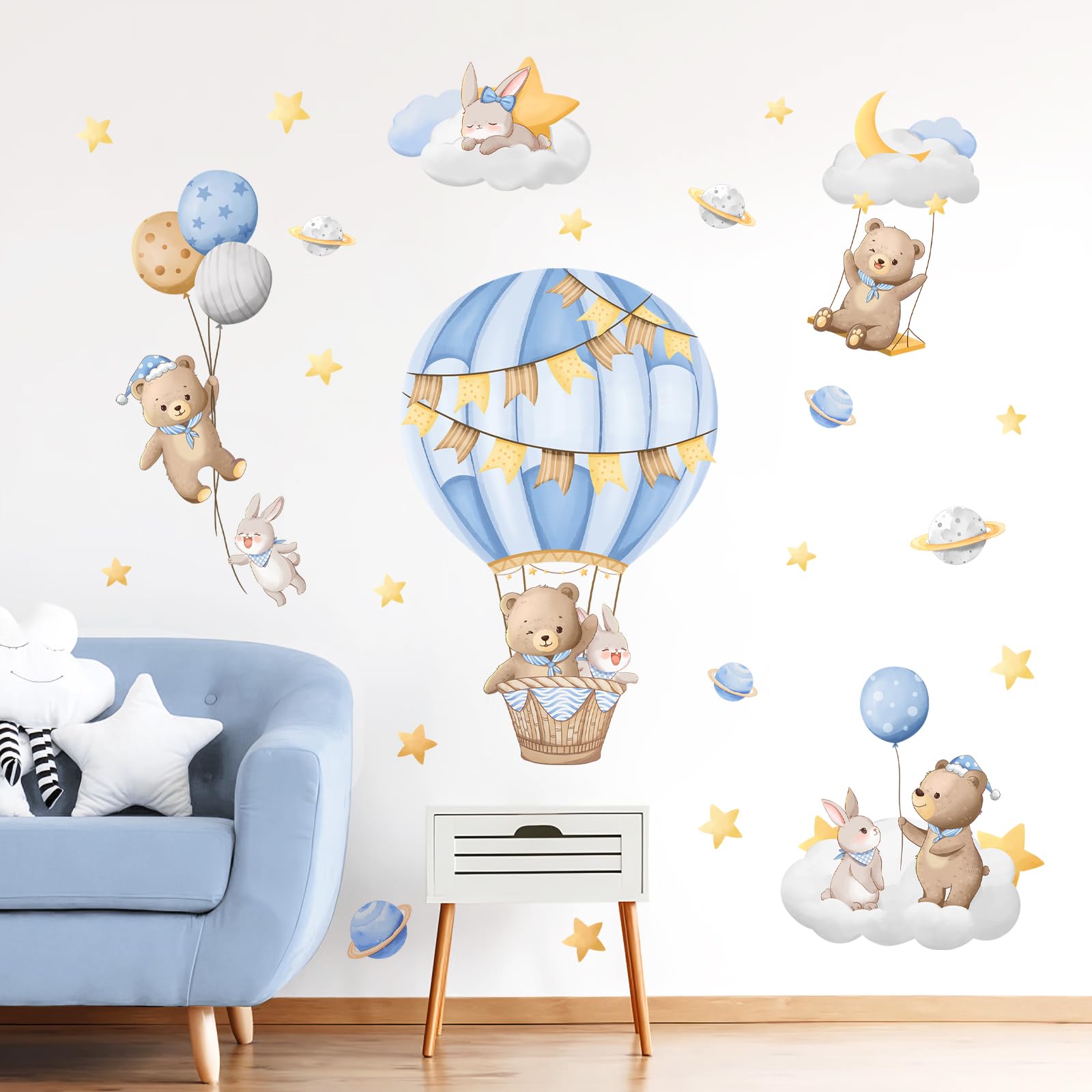 Tanlaby Blue Hot Air Balloon Wall Stickers Cartoon Bear Rabbit Stars Planets Wall Decals Peel and Stick Art Decor for Baby Nursery Kids Bedroom Playroom Daycare Classroom