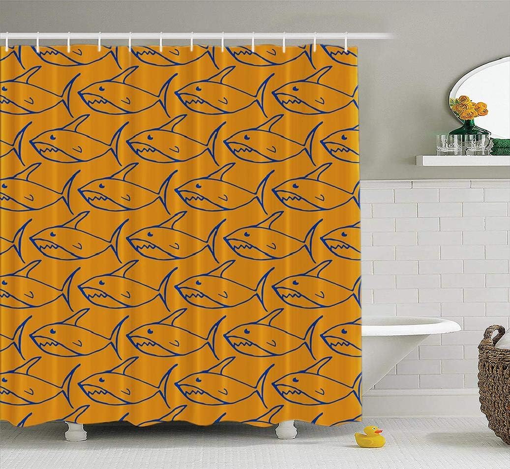 Tyfuty Cute Shark Fin Fabric Shower Curtain, Curtain with Yellow Decorative Abstract Animal Aquatic Art Backdrop Beauty Waterproof Bathroom Shower Curtains 72x78 inches Set of 12 Hooks, Marine Blue