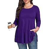 LARACE 3/4 Length Sleeve Womens Plus Size Tops Crew Neck Casual Tunic Tops Split Shirts Dressy