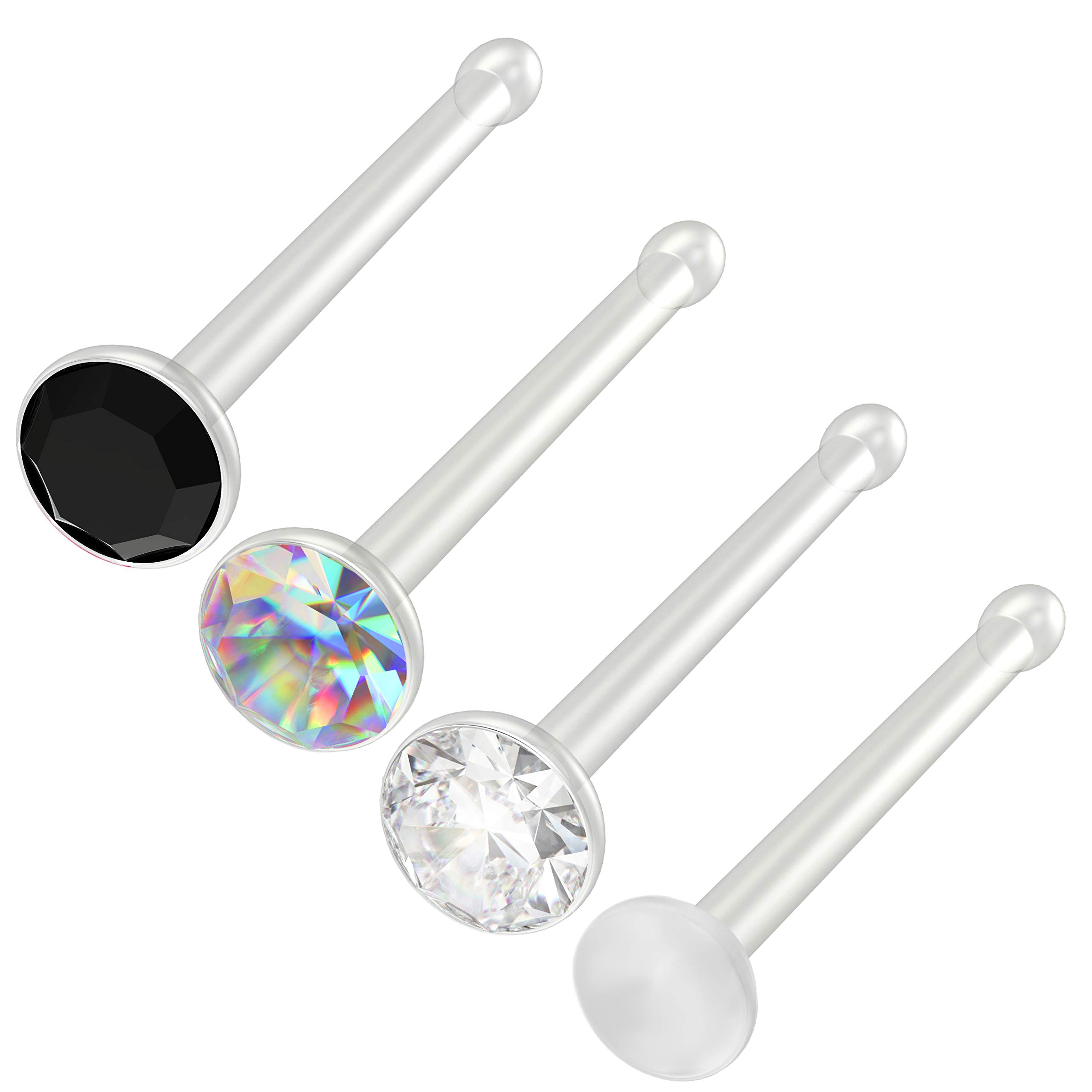 Bling Piercing 4pc 0.8mm 20g 0.8mm Nose Stud Bone Straight Bar Nostril Ring Surgical Steel 2.5mm CZ AB Jet Crystal Bioflex Stud Retainer Keeper