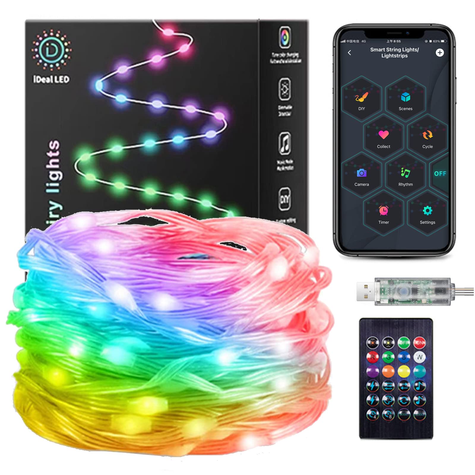 DaKango 66ft 200 LEDs Color Changing String Lights Music Sync Remote Control APP Control USB DIY Smart String Lights for Party, Wedding, Bedroom, Christmas
