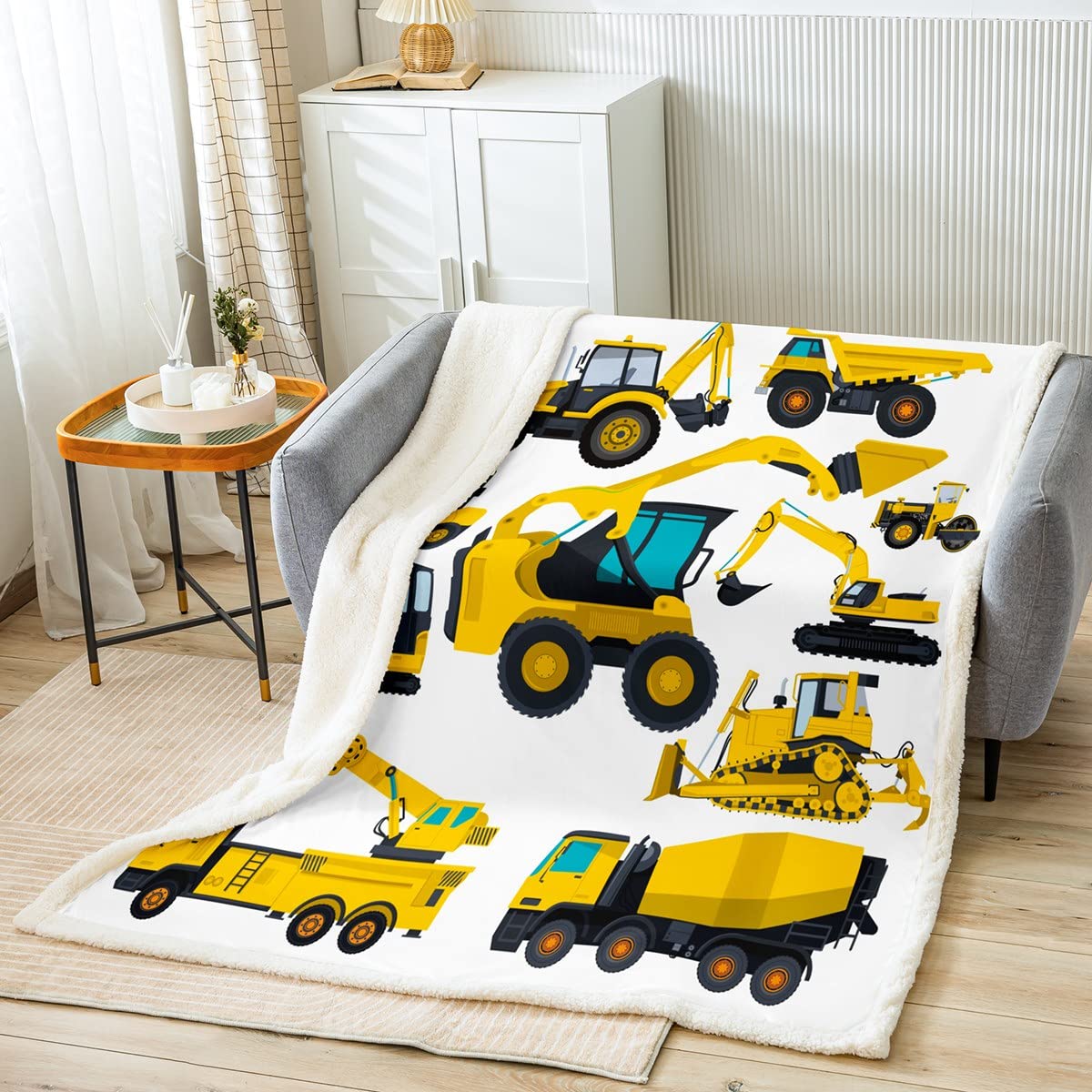 Homewish Cartoon Construction Excavator Fleece Blanket,Nursery Plush Bed Blanket For Kids Boys,Tractor Trucks Throw Blanket,Flannel Throw Room Decor Bed Blankets,Home Hotel,Yellow White Baby 30"X40"