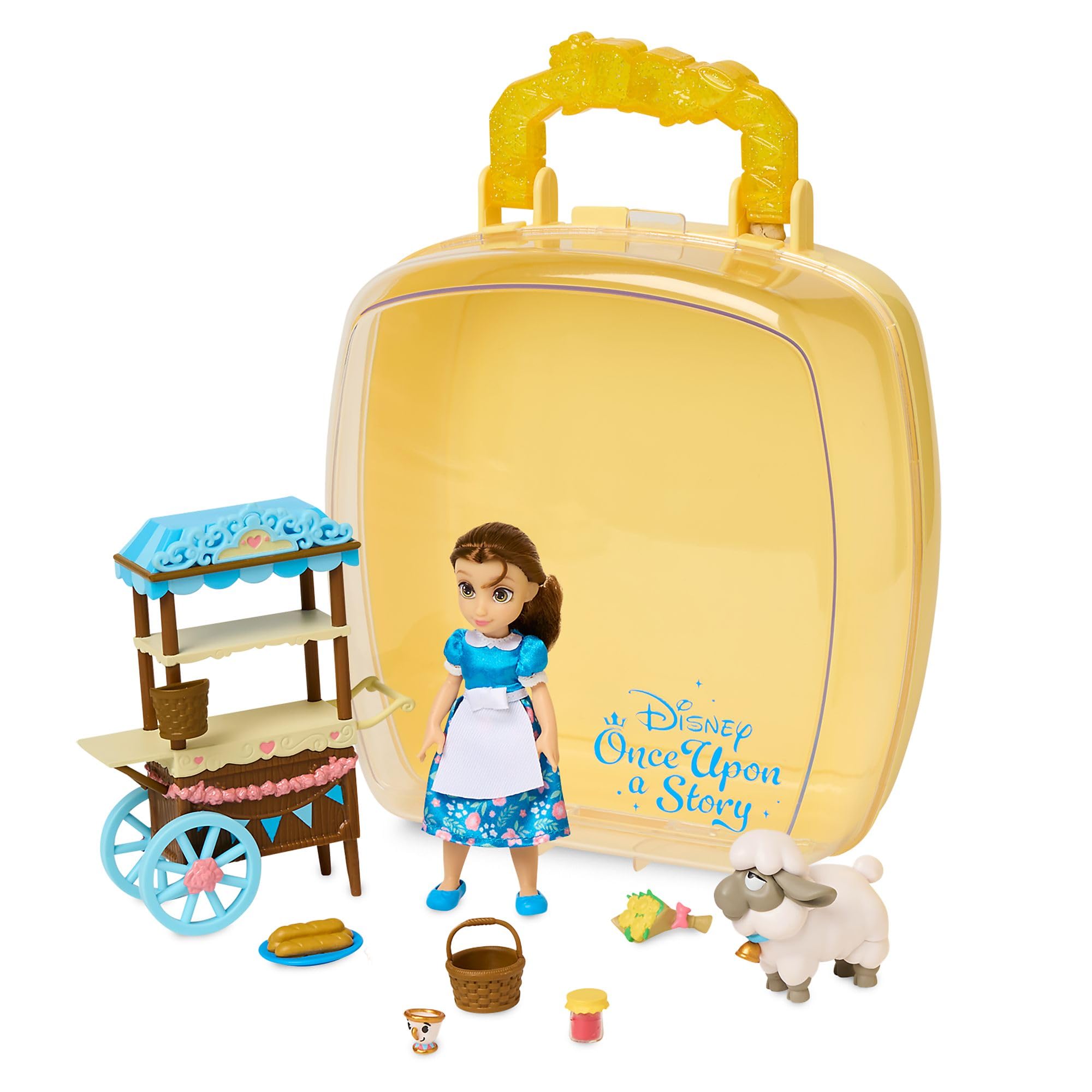 Disney Store Official Belle Mini Doll Playset, Beauty and the Beast, 9 Pc., Toy Figure Set with Accessories, Including Food Cart, Chip and Sheep - Suitable for Ages 3+