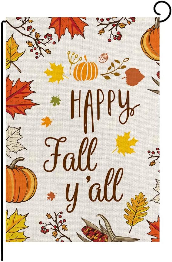 Happy Fall Garden Flag,Fall Maple Leaf Leaves Pumpkin Farm Harvest Welcome Flag,Double Sided Burlap Thanksgiving Decorative House Flags for Home Lawn Yard Indoor Outdoor Decor,12 x 18 Inch