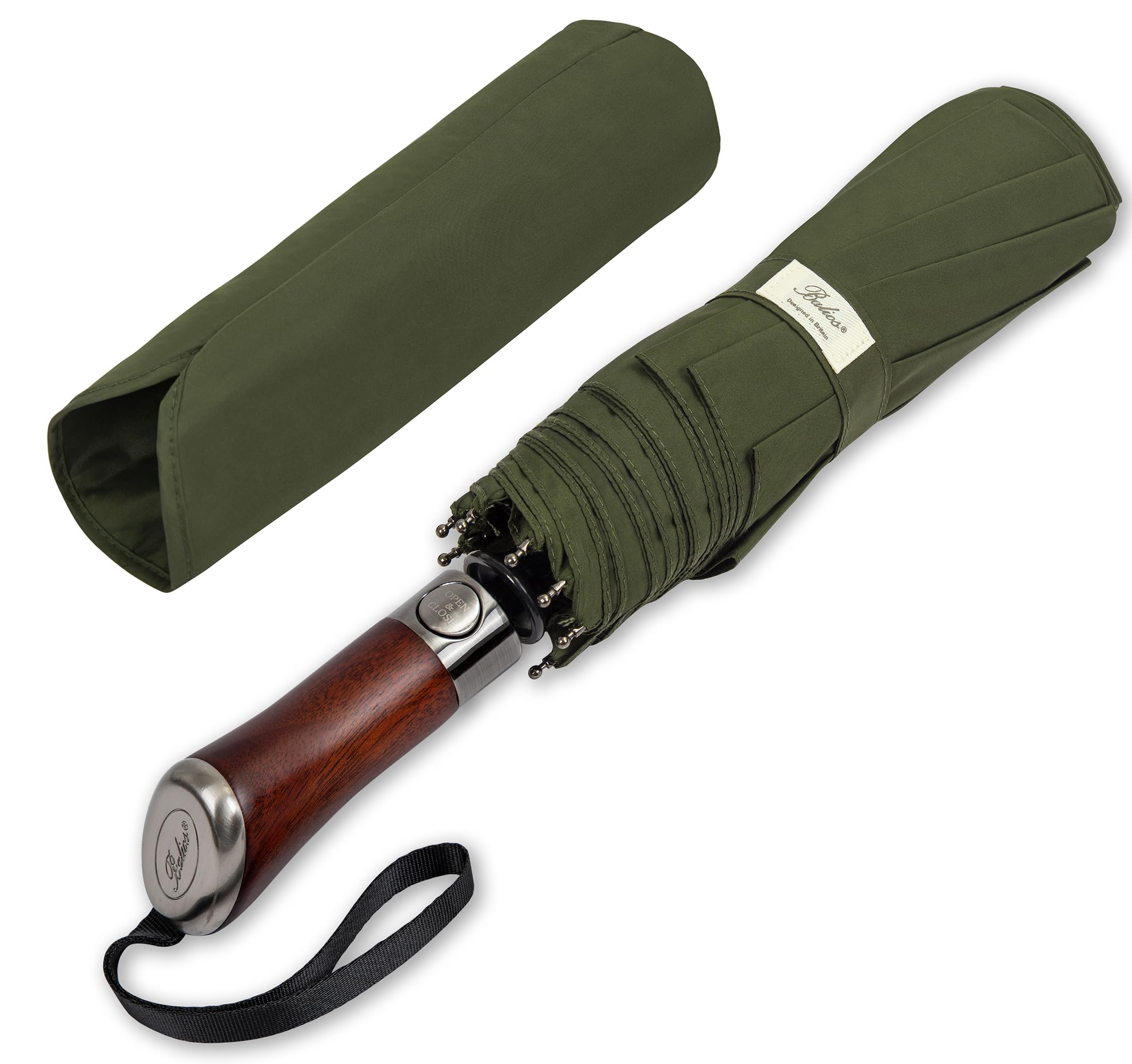 Balios (Designed in UK) Travel Folding Umbrella Lux Hardwood Handle Auto Open & Close Windproof Single Canopy (Olive Green)