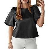 Tankaneo Womens Satin Silk Blouses Puff Short Sleeve Dressy Casual Tops Loose Fit Crew Neck Cropped Shirts