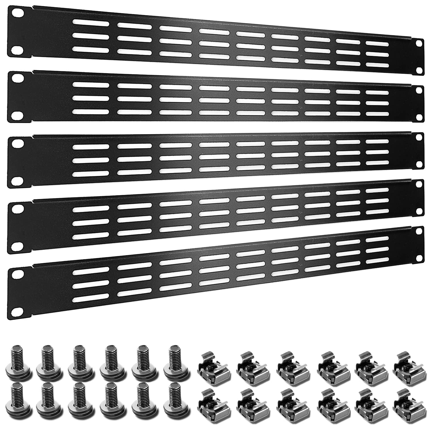 Photo 1 of 1U 2U 3U Blank Rack Mount Panel, Spacer Black Rack Mount Cover Support bar for Enclosure Network Cabinet Cable Management Bar Slot (Vented 1U 5PCS)