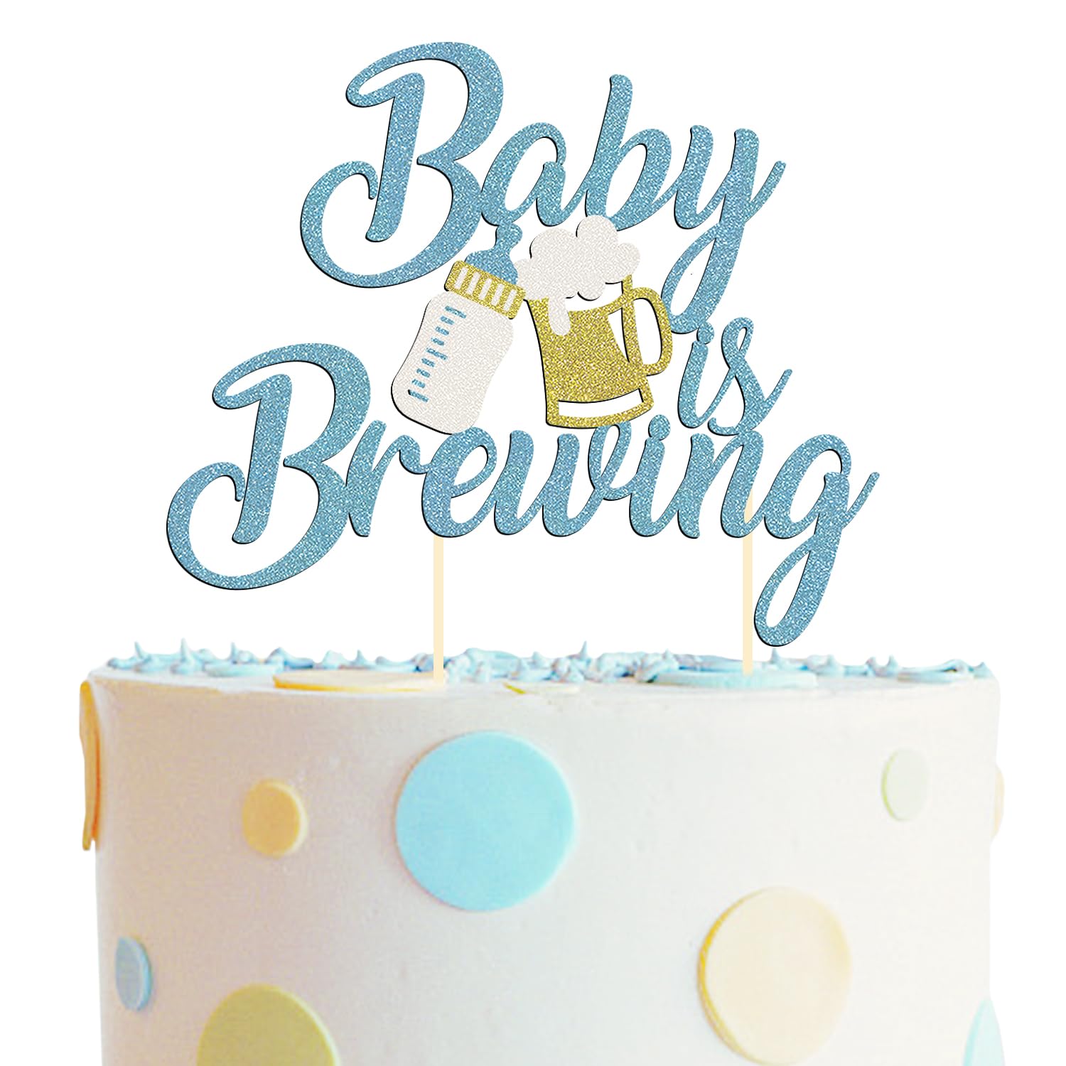 Photo 1 of 1 Pack Glitter Baby is Brewing Cake Topper for Beer Themed Baby Shower Decoration Beer Baby Gender Reveal Decoration (Blue baby)