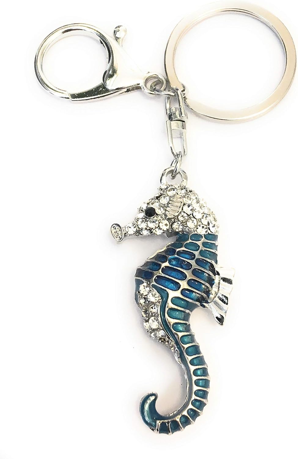 FizzyButton Gifts Seahorse keyring key ring and lobster clasp with silver tone rhinestone and enamel charm