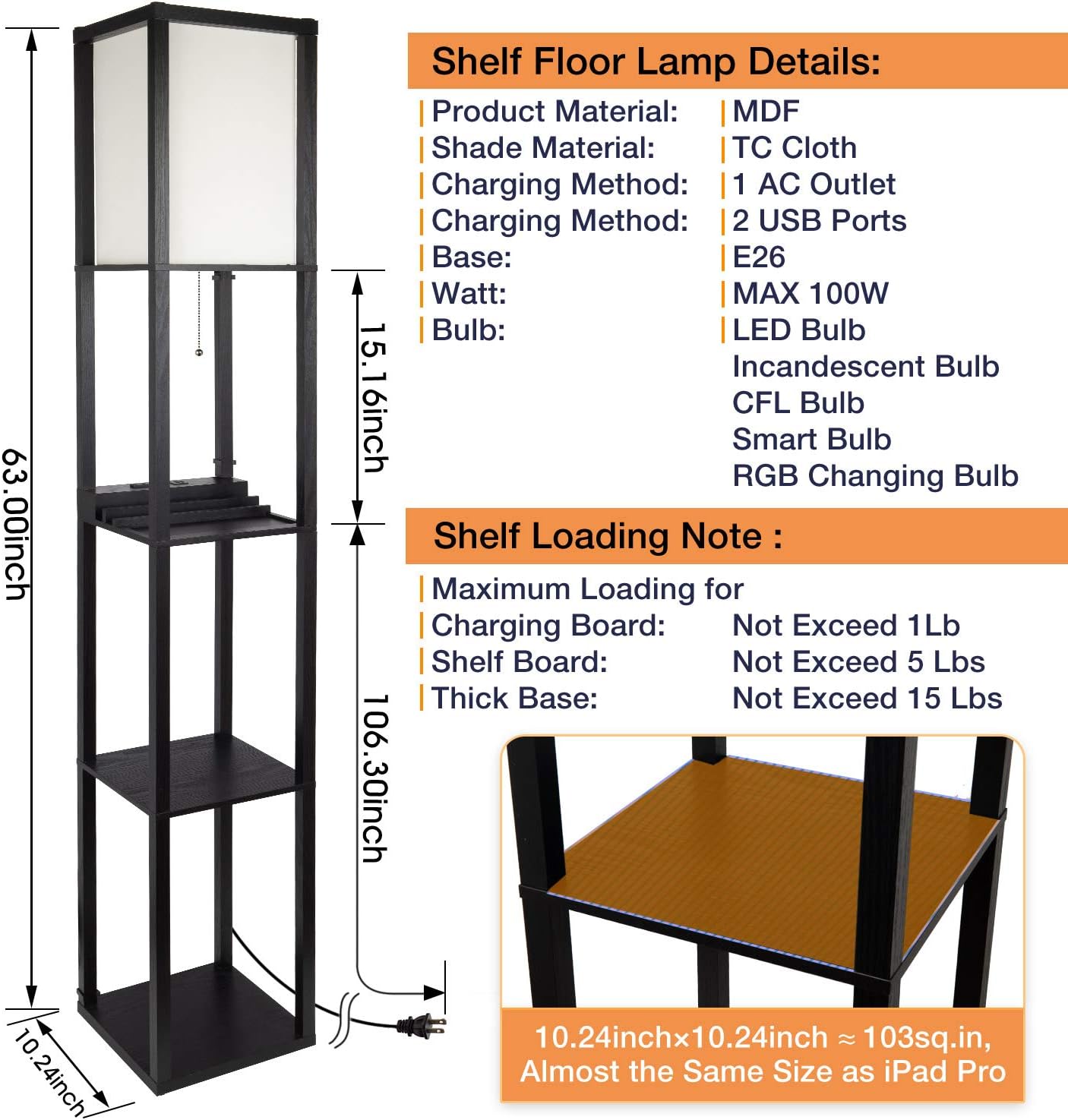 3-in-1 Shelf Floor Lamp with 2 Fast Charging USB Ports and 1 Power Outlet, 3-Tiered LED Shelf Floor Lamp, Shelf & Storage & LED Floor Lamp Combination, Modern Standing Light for Living Room, Bedroom - - 