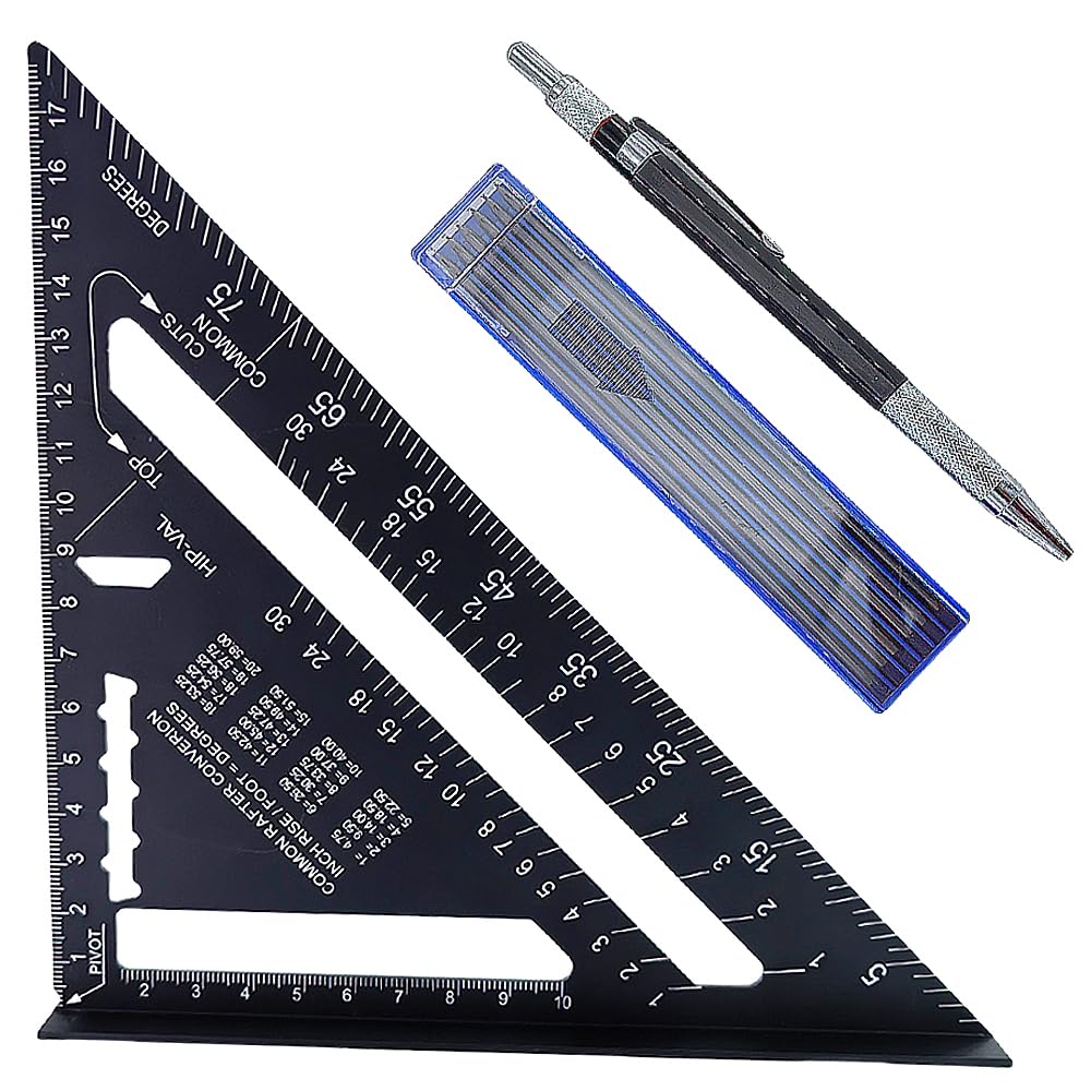HYSHLC 185 mm Carpenter's Square Triangle Aluminium Ruler 90 Degree Thickened Triangle Protractor Woodworking Measuring Angle Metric Speed Square Layout Tool Carpenter's Angle Roofer Engineer (Black)