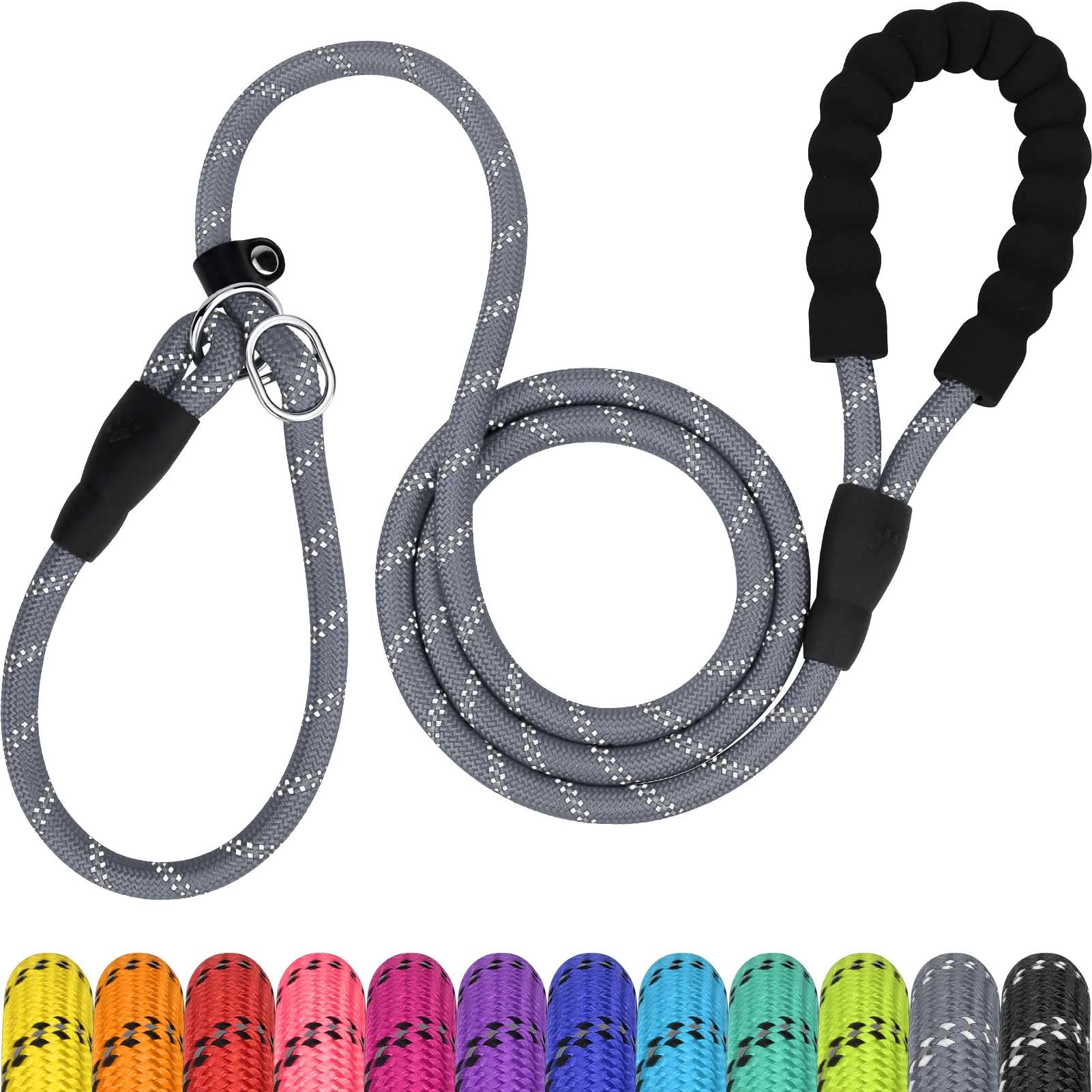 TagME Slip Lead for Dogs,1.8m Reflective Dog Lead with Soft Padded Handle, Slip-On Training Leash for Medium Pet, Gray