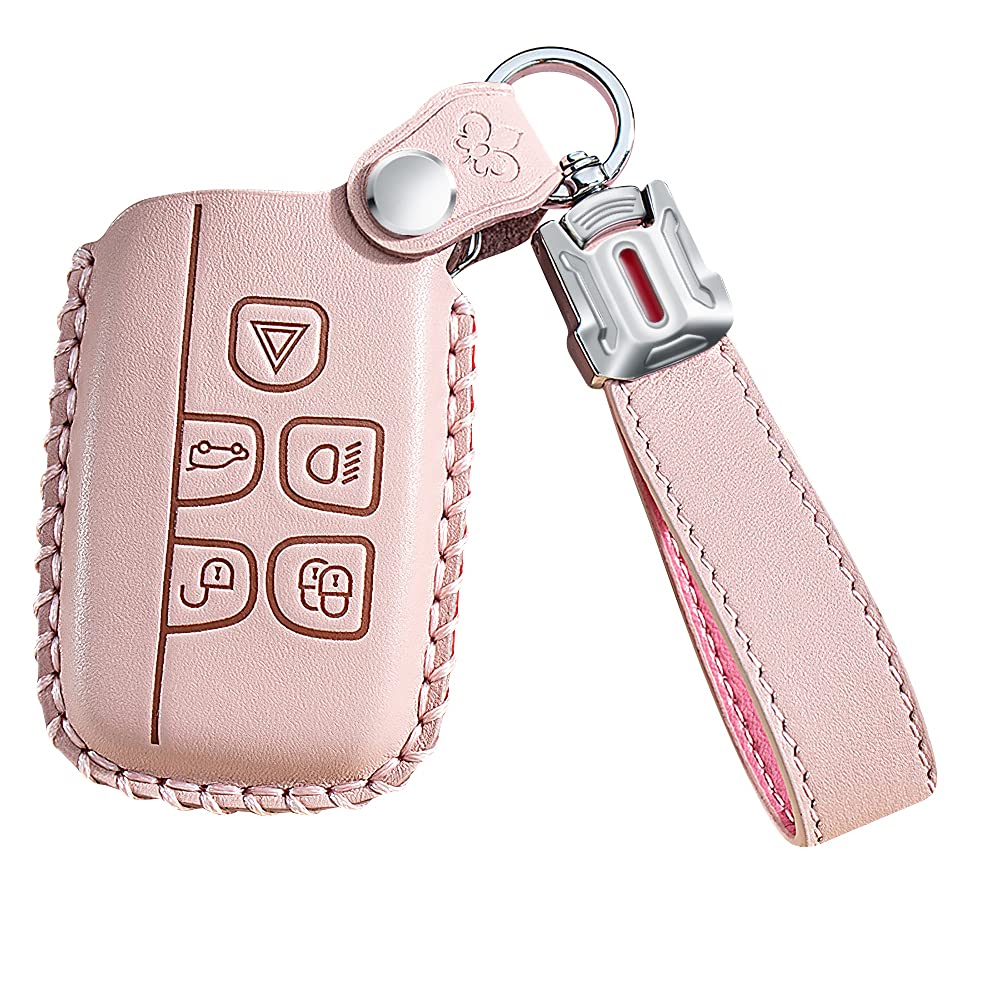 ontto Leather Car Key Fob Cover Keyring fit for Land Rover Defender Discovery Evoque LR4 fit for Range Rover Sport fit for Jaguar accessories Remote Key Case Shell Holder keychain Protector Pink A