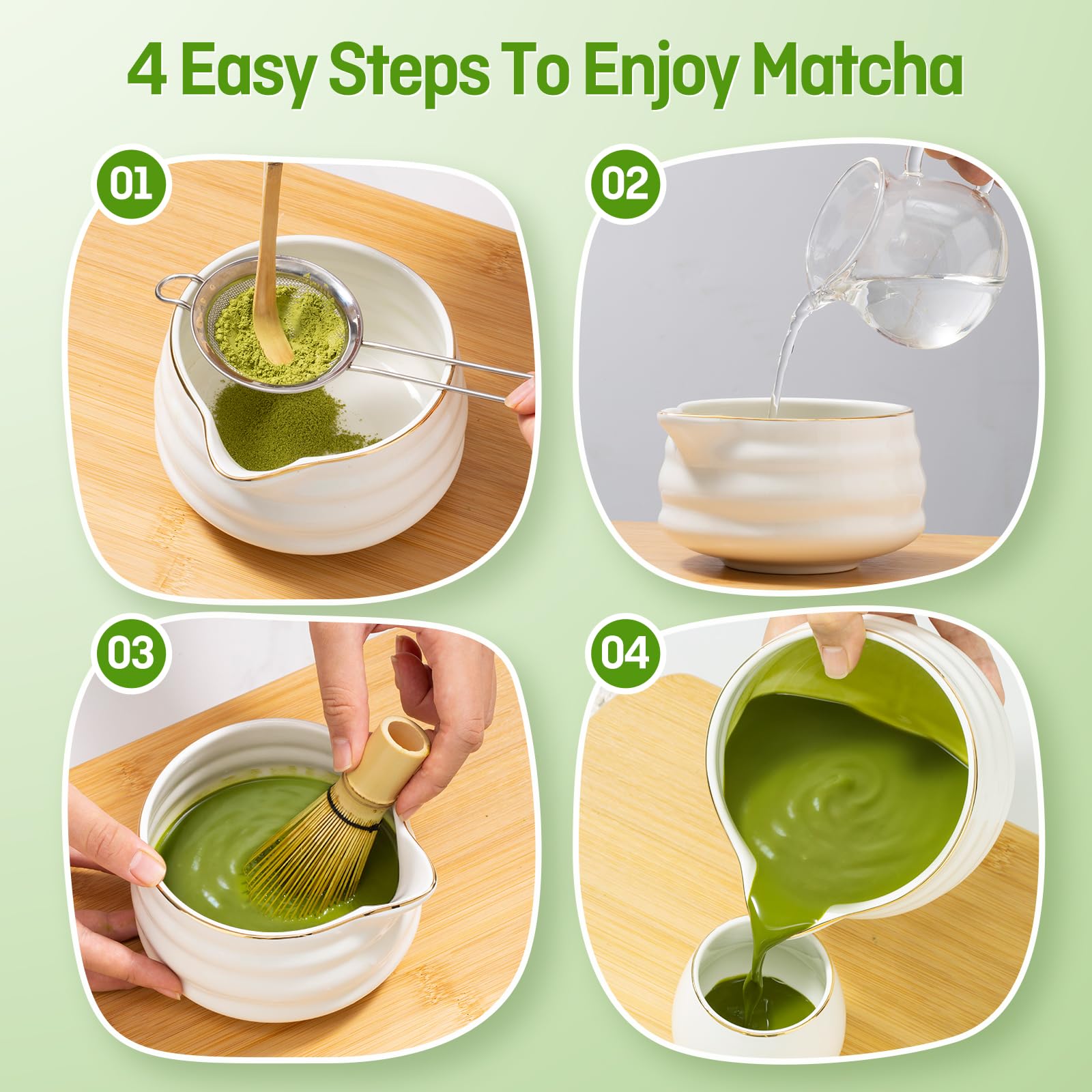 Matcha set - 9 Stück Japanisches Tee-set Inkl Chawan mit Ausgießer, 2 tazze, Schaufel, Halter, Sieb, Matchabesen das perfekte Geschenk für Japanische Teezeremonie-Liebhaber