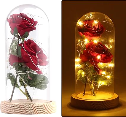 Allomn Rose Soie Rose La Belle Et La Bete Rose Avec Abat Jour En Verre 20 Led Blanc Chaud Saint Valentin Cadeau D Anniversaire De Noel Amazon Fr Cuisine Maison