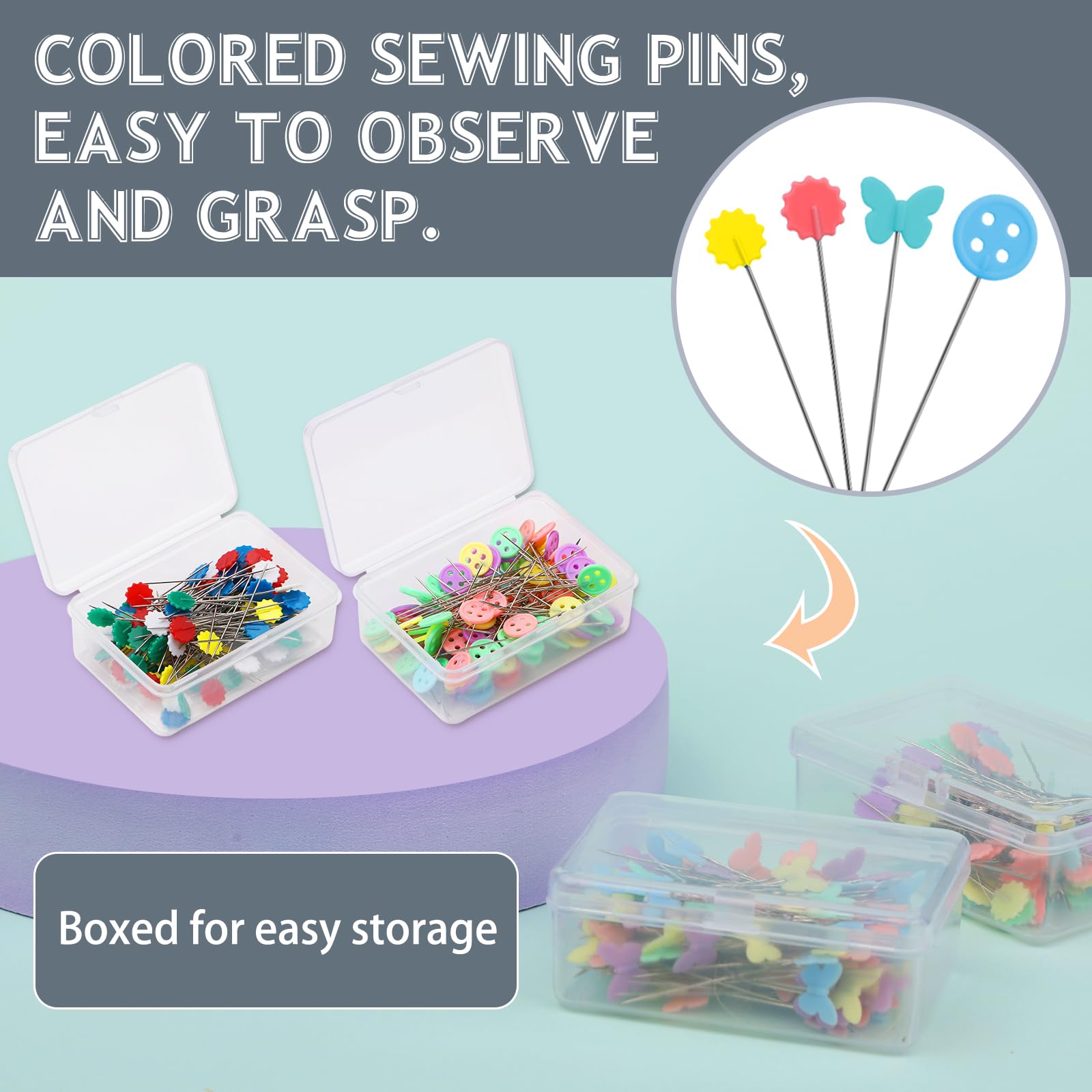 Fteven 400Pcs Flat Head Straight Pins Kits, Sewing Flat Head Pins Set, Colored Head Sewing Pins Quilting Pins with Storage Box for DIY Handicraft Marking and Positioning in Sewing