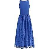 dowerme Women Summer Dresses 2026 Casual Sleeveless Crewneck A-Line Boho Lace Eyelet Cotton Tank Maxi Dress with Pockets