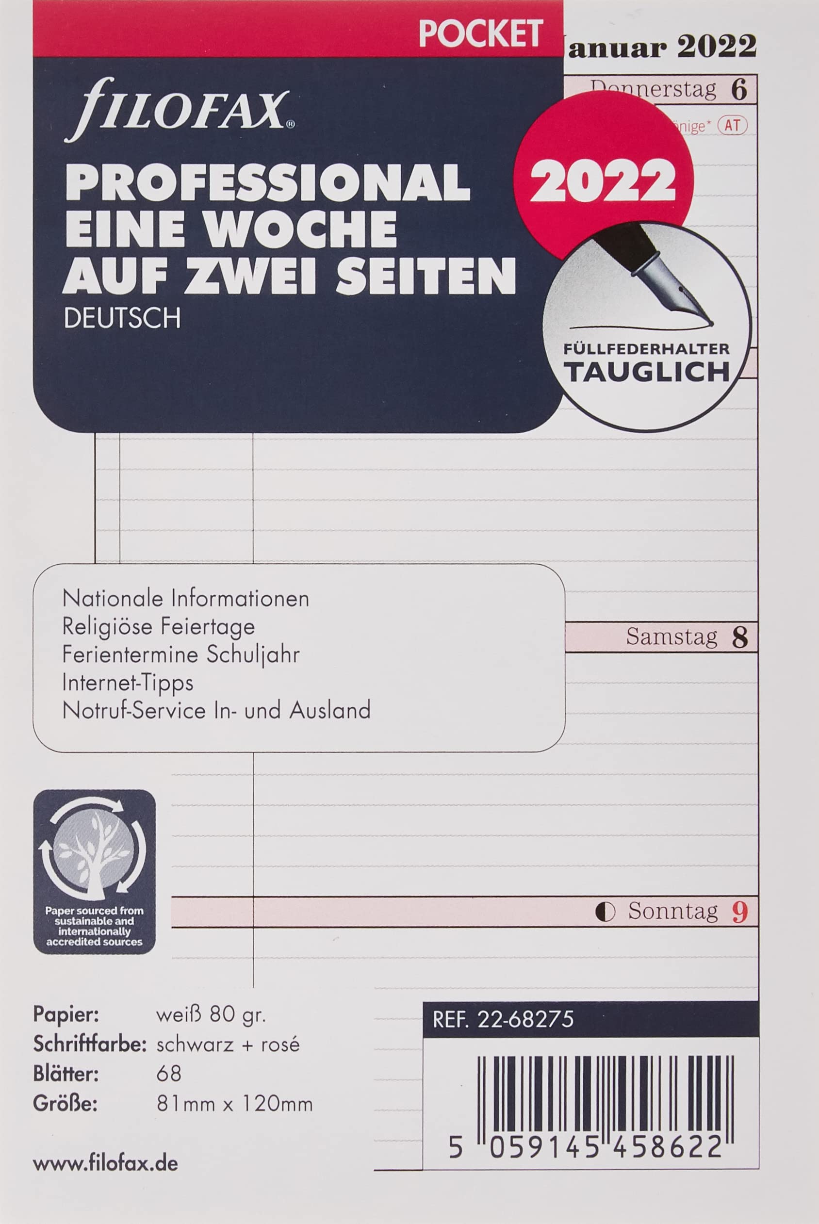 Filofax Pocket Prof.1 Week on 2 Pages (German) 2022