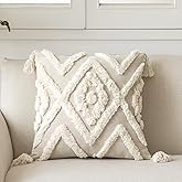 IKATYARN Woven Tufted Boho Throw Pillow Cover, Cream Modern Decorative Geometric Cushion, Farmhouse Tribal Pillowcase for Couch Sofa Bedroom Living Room, Off White