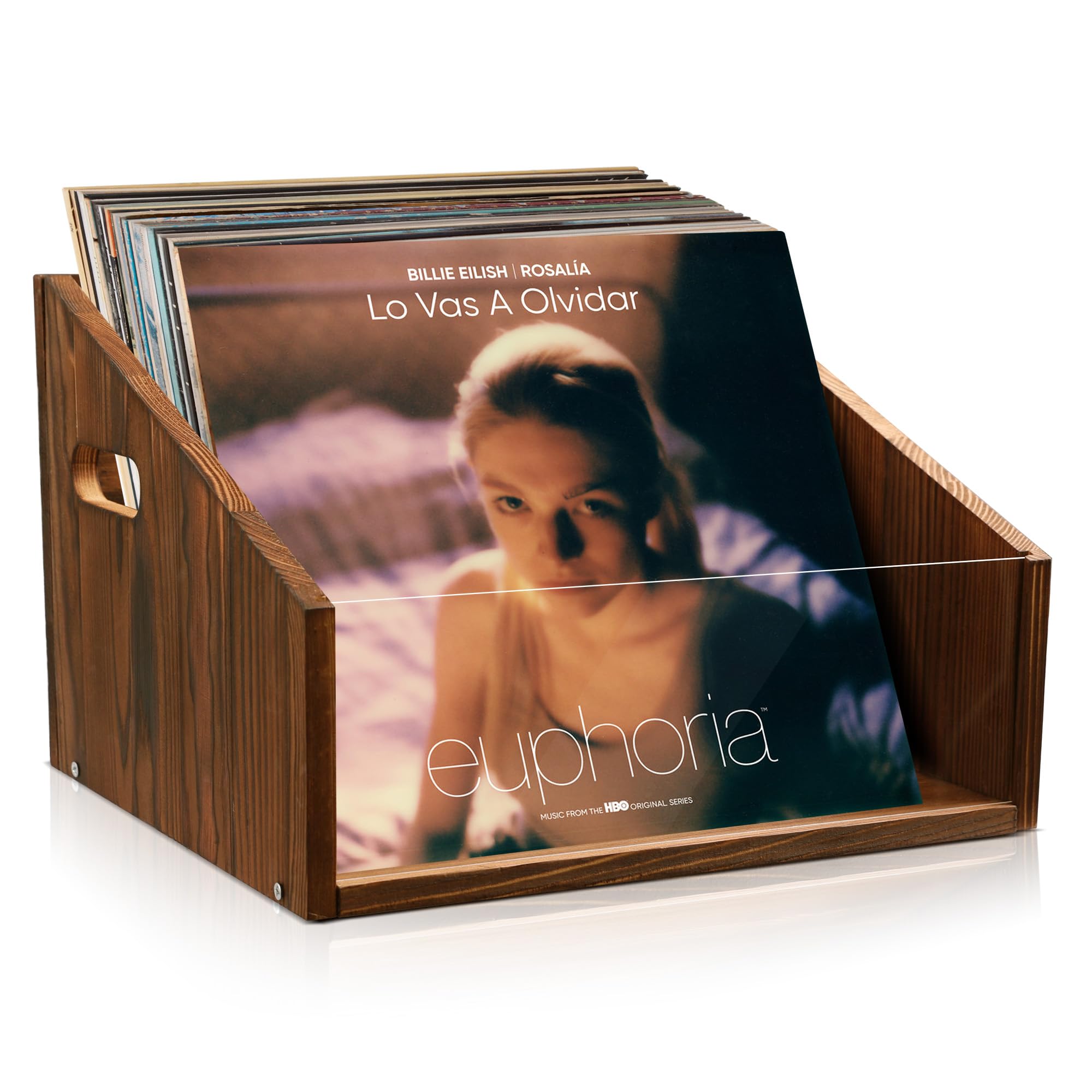 Photo 1 of **MISSING ASSEMBLY HARDWARE** GRETJOB Vinyl Record Storage Crate - Wooden & Acrylic Record Storage Holds 70+ Records, Books, Files - Desktop & Home Office Storage with Handle (Brown)