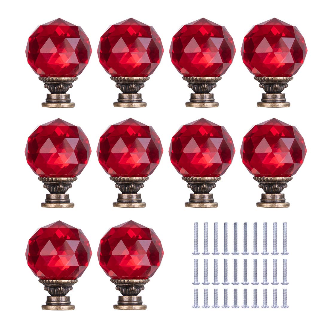 C&Z 10pcs 30mm Ancient Bronze Crystal Knobs Cupboard Cabinet Handle Drawer Pull with Screw for Kitchen Office Chest Dresser Bathroom Bedroom Wardrobe Shiny Facet Ball Red