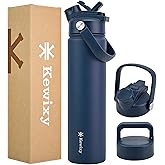 KEWIXY 24 oz Insulated Water Bottle, 2-in-1 Lid, Straw & Spout with Protected, Leak Proof, Keep Cold, Stainless Steel, Metal, Reusable, Handle, for Travel, Gym and School, 2 Lids, Denim Blue